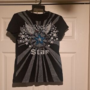 Rock Black Graphic Tee with Blue Star and Silver Accents & Bling